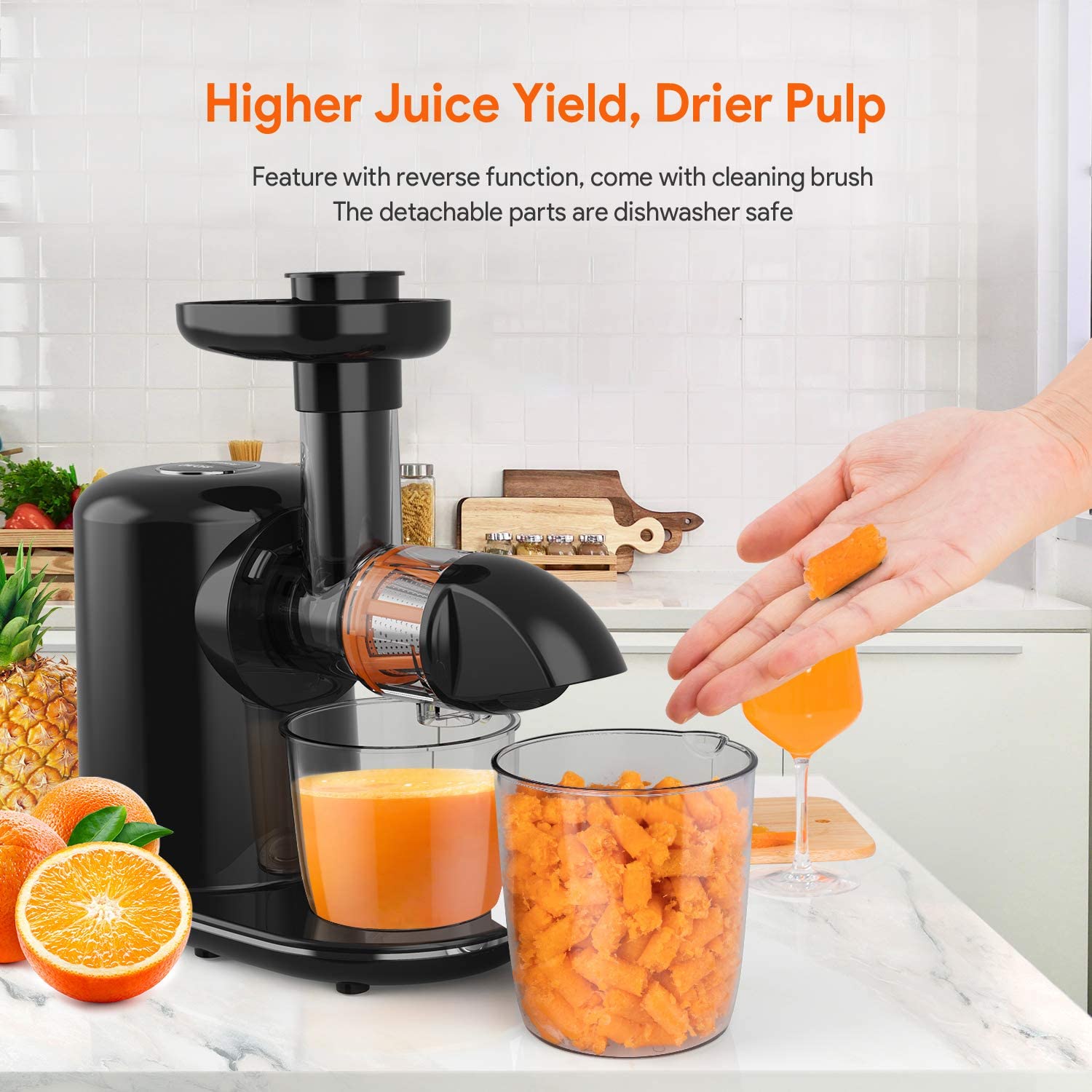 Easy to Use and Clean Higher Juice Yield and Drier Pulp BPA-Free 150-Watt For Vegetables and Fruits Juicer Machines Bagotte Slow Masticating Juicer Extractor Quiet Motor & Reverse Function 