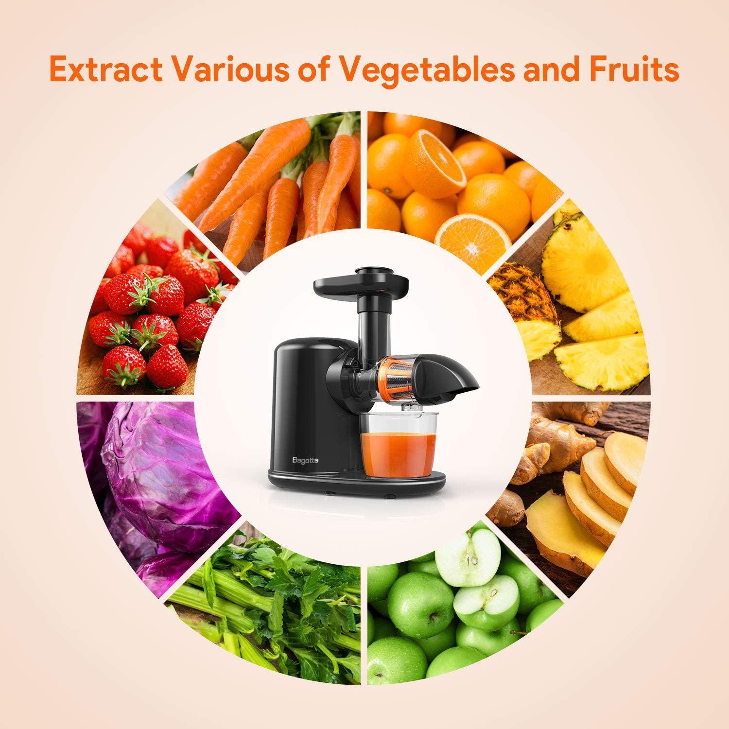 Bagotte Juicer Machines for Vegetables and Fruits Higher Juice Yield and Drier Pulp 150-Watt Quiet Motor & Reverse Function Slow Masticating Juicer Extractor BPA-Free Easy to Use and Clean 